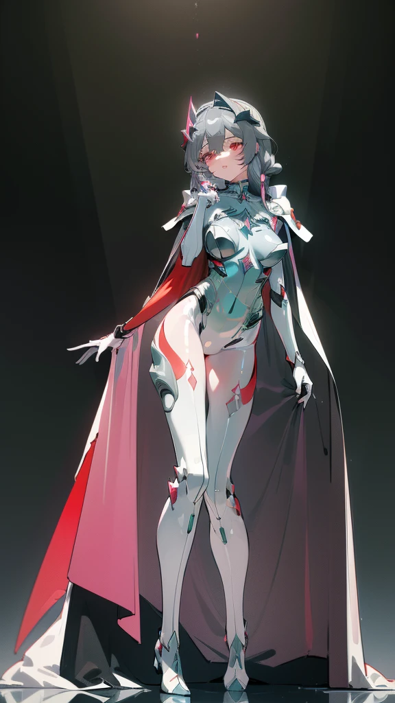 art, 8k, masterpiece, (front), (Fu_Hua), (Herrscher_of_Sentience), grey_hair, red_eyes, large_breasts, (plug_suit), white_bodysuit, glowing_bodysuit, pink_accents, green_crystal_on_chest, high_heels, (mystical_armor), glowing_cape