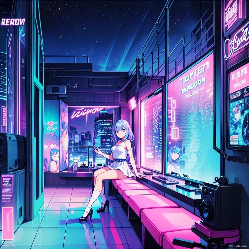 (masterpiece), Highest quality, Expressive eyes, Neon pastel aesthetics, Retro 90s, Neon color,((Girl sitting on sofa,In a cozy room,Records hanging on her wall, Comic books on the floor, Looking out the window behind her at the night city, Upholstered room, Anime figures lined up on a shelf)), Wearing headphones, (All around her it sparkles), (Wearing high socks and heels), (blue eyes), (Soft look), (Synthwave Art Style), Colorful Hair, Desk with PC set up