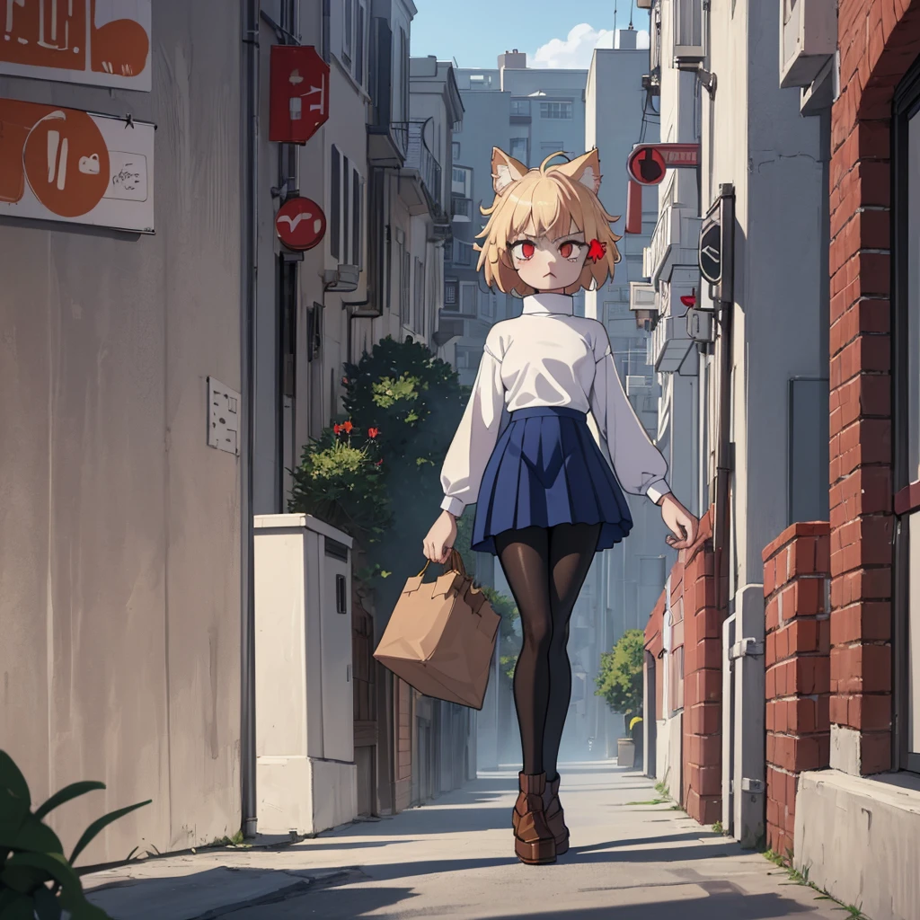 (masterpiece, best quality:1.2),  necoarc, slit pupils, cat ears, blonde hair, red eyes, chibi, 1boy, solo, white turtleneck, blue skirt, pleated skirt, brown footwear, pantyhose, outdoors, highlight thighs, :3, landscape