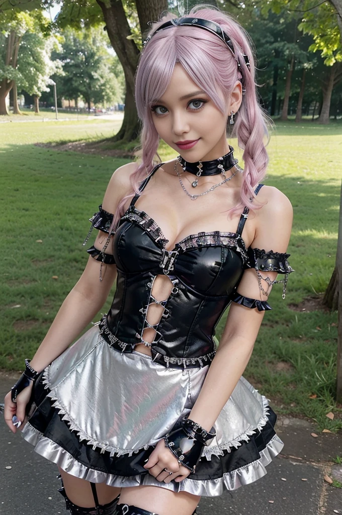 sexy stylish Swedish model, only 1 female, ((doll-like appearance)), very short neon pink stylish hair, ((shiny Punk-Style boots)), (happy smile), ultra detailed eyes, long lashes, metallic makeup, lip-gloss, ((sexy Punk Lolita cosplay)), unconventional skirt, petticoats, high neckline, ((ultra detailed lace)), ((ultra detailed embroidery)), intricate details, tartan patterns, (silver chains), (silver spikes), Punk Lolita accessoires, Punk Lolita choker, ((large sparkling Punk Lolita jewelry)), cinematic light, detailed large park background with trees