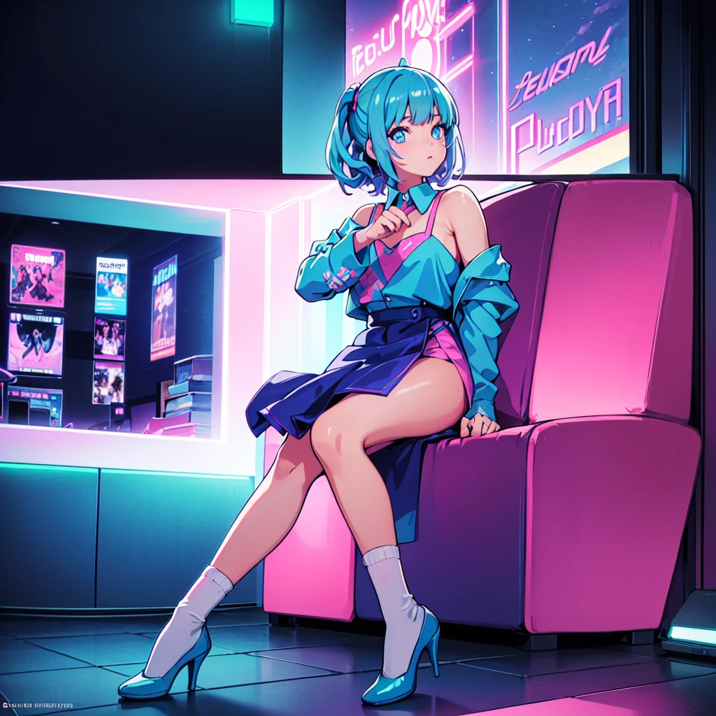 (masterpiece), Highest quality, Expressive eyes, Neon pastel aesthetics, Retro 90s, Neon color,((Girl sitting on sofa,In a cozy room,Records hanging on her wall, Comic books on the floor, Looking out the window behind her at the night city, Upholstered room, Anime figures lined up on a shelf)), Wearing headphones, (All around her it sparkles), (Wearing high socks and heels), (blue eyes), (Soft look), (Synthwave Art Style), Colorful Hair, Desk with PC set up