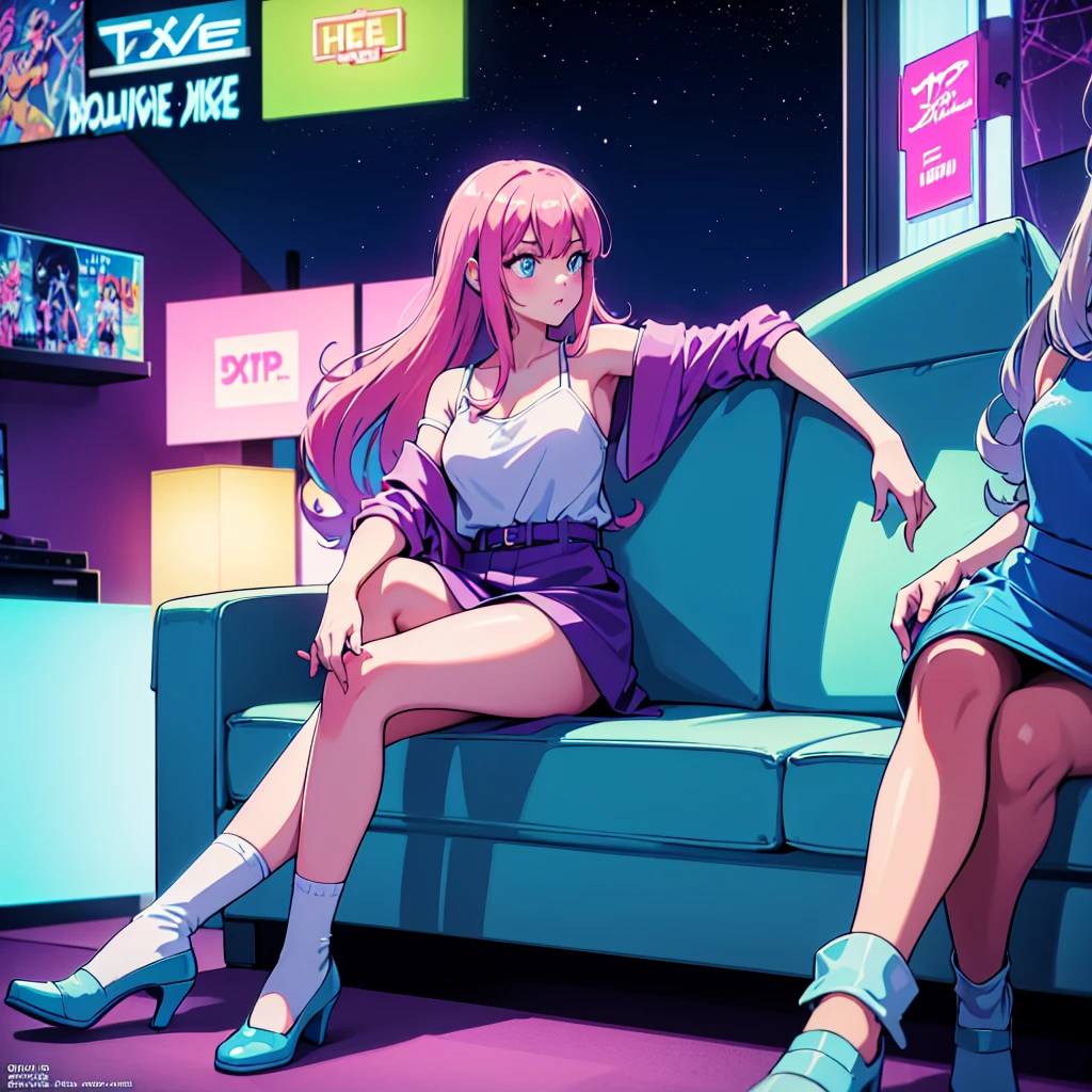 (masterpiece), Highest quality, Expressive eyes, Neon pastel aesthetics, Retro 90s, Neon color,((Girl sitting on sofa,In a cozy room,Records hanging on her wall, Comic books on the floor, Looking out the window behind her at the night city, Upholstered room, Anime figures lined up on a shelf)), Wearing headphones, (All around her it sparkles), (Wearing high socks and heels), (blue eyes), (Soft look), (Synthwave Art Style), Colorful Hair, Desk with PC set up