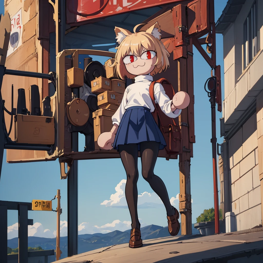 (masterpiece, best quality:1.2),  necoarc, slit pupils, cat ears, blonde hair, red eyes, chibi, 1boy, solo, white turtleneck, blue skirt, pleated skirt, brown footwear, pantyhose, outdoors, highlight thighs, :3, landscape, cool pose