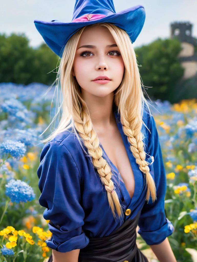 dark magician girl, masterpiece, best quality, (1girl), solo, (water), long hair, blonde hair, blue headwear, wizard hat, spell casting, castle, castle:2, motion blur, book, magic, (moonlight:1.2), chromatic aberration, depth of field, soft lighting, highly detailed face, highly detailed eyes, 