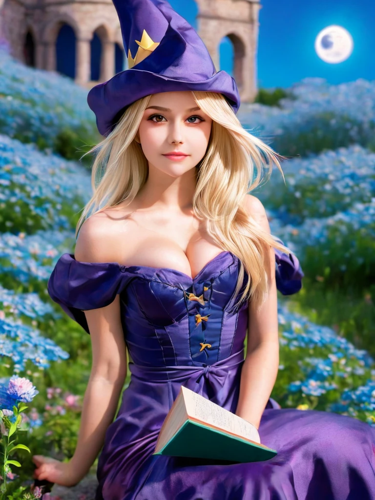 dark magician girl, masterpiece, best quality, (1girl), solo, (water), long hair, blonde hair, blue headwear, wizard hat, spell casting, castle, castle:2, motion blur, book, magic, (moonlight:1.2), chromatic aberration, depth of field, soft lighting, highly detailed face, highly detailed eyes, 