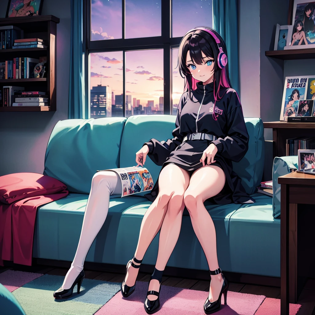 (masterpiece), Highest quality, Expressive eyes, Neon pastel aesthetics, Retro 90s, Neon color,((Girl sitting on sofa,In a cozy room,Records hanging on her wall, Comic books on the floor, Looking out the window behind her at the night city, Upholstered room, Anime figures lined up on a shelf)), Wearing headphones, (All around her it sparkles), (Wearing high socks and heels), (blue eyes), (Soft look), (Synthwave Art Style), Colorful Hair, Desk with PC set up