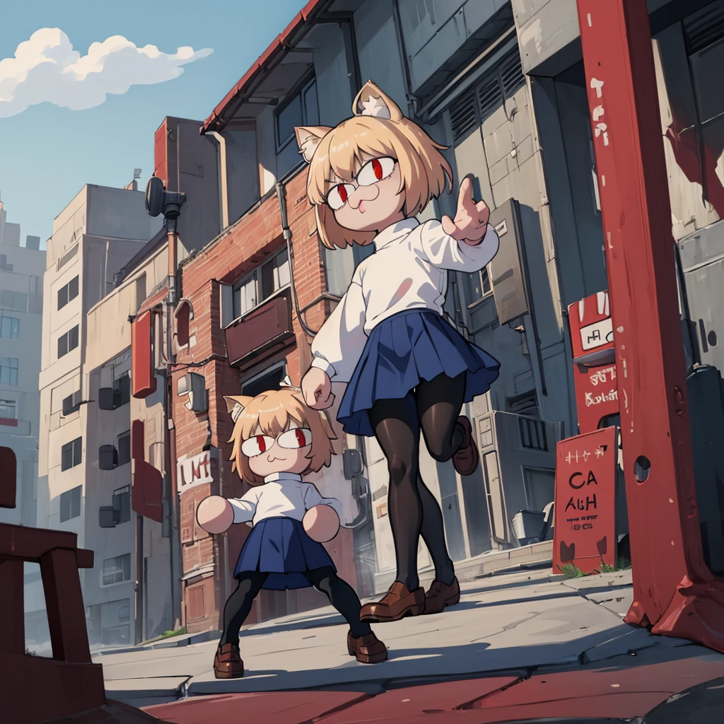 (masterpiece, best quality:1.2),  necoarc, slit pupils, cat ears, blonde hair, red eyes, chibi, 1boy, solo, white turtleneck, blue skirt, pleated skirt, brown footwear, pantyhose, outdoors, highlight thighs, :3, landscape, cat pose, femboy 