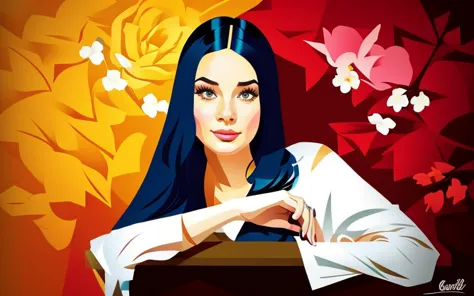 
there is a picture of a woman with flowers in her hair, in bowater art style, inspired by Alberto Vargas, vector style drawing,...