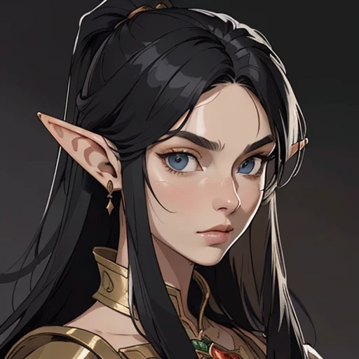 (masterpiece), (best quality),(portrait),(bust up),1girl,solo,(sharp focus),(look at viewer),elf, (black hair),(elf ranger) ,adult, (ancient:1),ancient luxurious long clothes,old school fantasy art,((simple background)),super shiny face