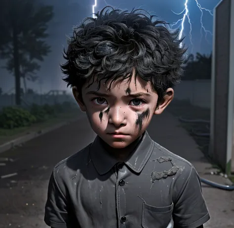 A little boy was struck by lightning on his way to school, was electrocuted, and was left covered in soot and in tatters.