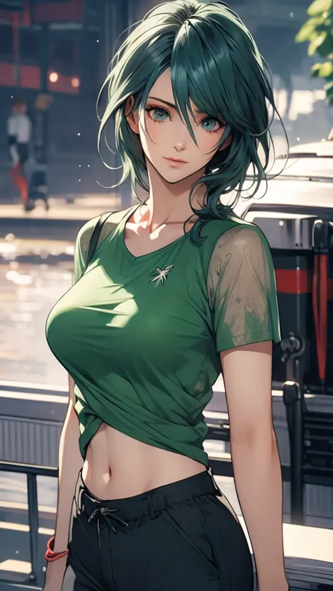 1 Female, Tamaki, green hair, hair between eyes, (detailed eyes:1.3), See-through shirt, cargo pants