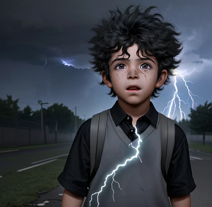 เด็กชายตัวเล็ก ๆ ถูกฟ้าผ่าระหว่างเดินทางไปโรงเรียน และถูกไฟฟ้าดูดและมีเขม่าเต็มตัว