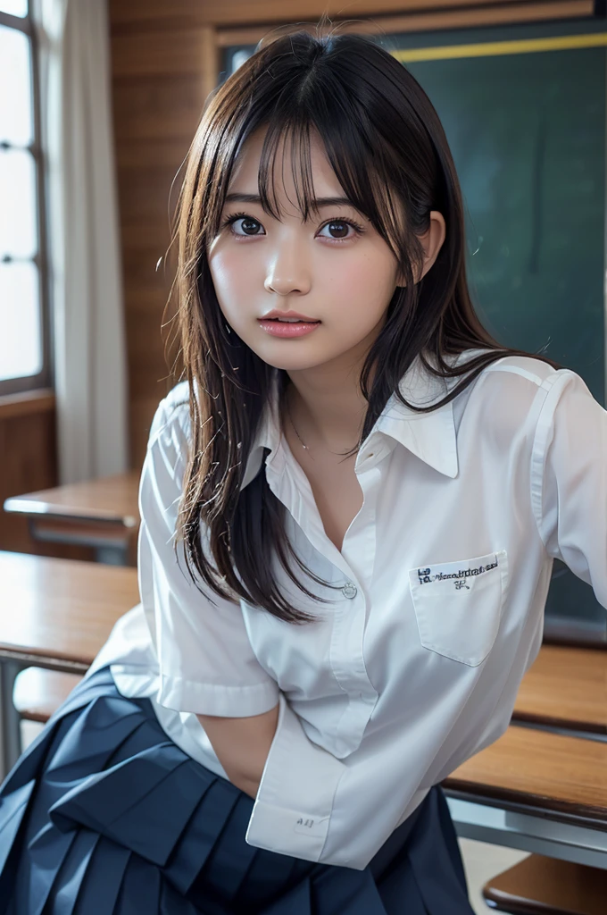 Tabletop, highest quality, Japanese Girls,One Girl, 8k, RAW Photos, highest quality, Tabletop, Debtdebt:1.2, Highly detailed RAW color photos, Professional photos, (Realistic, Realistic:1.37), (Highly detailed skins:1.2), Ultra-high resolution, (Lenz 50mm), (debt/1.2),Exquisitely drawn eyes,Gazing at the audience,
One Girlと別れる (Many elderly people:1.4), Beautiful Face, cute,(smile:1.05),(20-year-old, Wide Hips,Straight hair, (short hair), iris, white and fine-grained skin,Small Mouth, high cheekbones (meaning), Sexy pose,(Leaning forward:1.3),(The to the debtW:1.1),White panties、Korean Idol、Nogizaka Idol、Carving an idol pose、Adult、、(Tabletop, highest quality:1.3), (Ultra-fine 8K CG:1.2), (Ultra-realistic:1.35), (Realistic:1.45), (Realistic:1.4), Cowboy Shot,
Beautiful Japanese Women, 22 years old, Supermodel, Japanese Idols, , (Sitting at a desk:1.1), (school uniform:1.4), (Skirt flip:1.6),
(School classroom background:1.1),