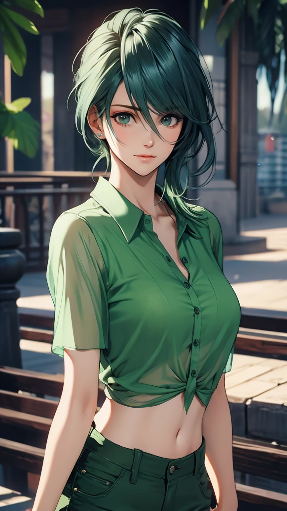 1 Female, Tamaki, green hair, hair between eyes, (detailed eyes:1.3), See-through shirt, cargo pants