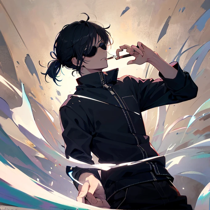 (((One man))),Anime man wearing sunglasses and smoking a cigarette,  Persona Art Style,Bangs covering the eyes,Black hair, blue colored inner hair,Hair tied at the back,((No background)),A moving picture,Medium Hair,high quality