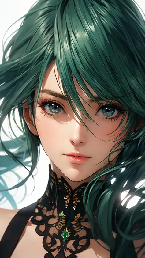 1 Female, Tamaki, green hair, hair between eyes, (detailed eyes:1.3), Cosmetics advertising, Close-up of face