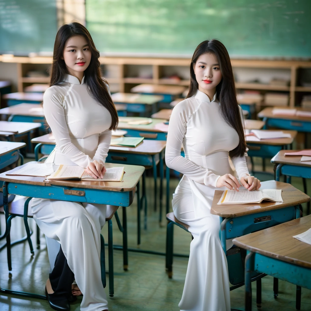 ((Ao Dai, big breasts, beautiful breasts, sitting on a chair in the classroom, attentively looking at the teacher lecturing, 8k quality photo with good details))