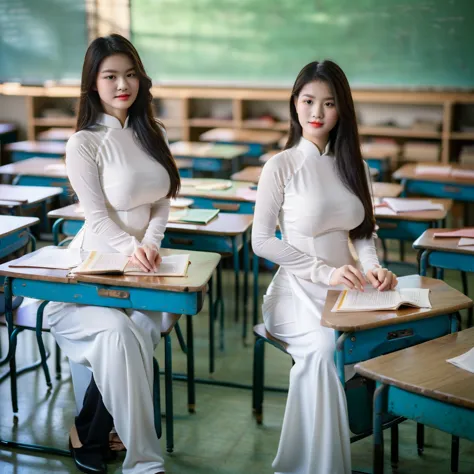 ((Ao Dai, big breasts, beautiful breasts, sitting on a chair in the classroom, attentively looking at the teacher lecturing, 8k ...