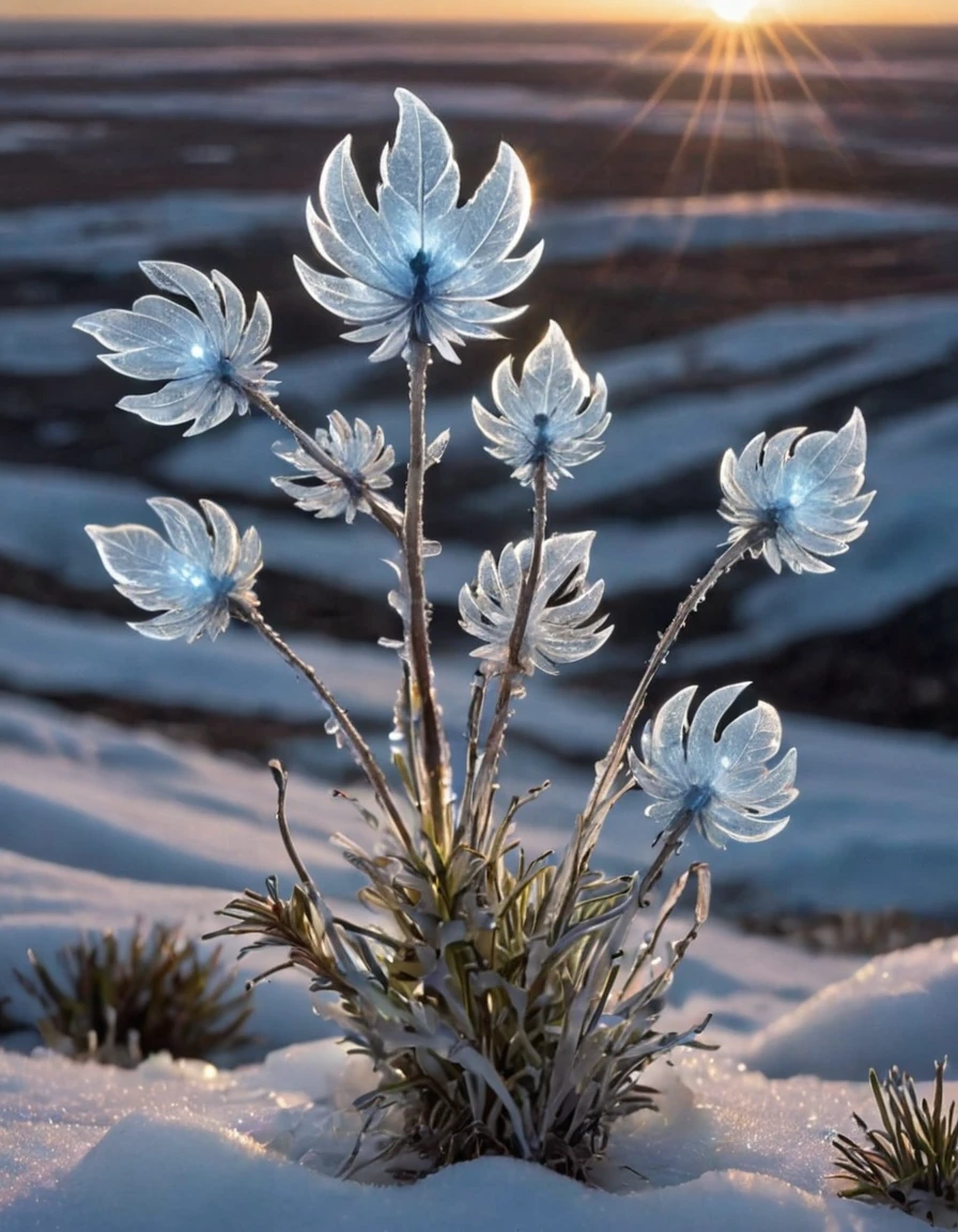 Create an image of a rare plant called Shiverbug, which grows exclusively in the remote, icy regions of the Arctic tundra. The plant should have luminescent, crystalline leaves that emit a bluish glow under the moonlight, and delicate, silver-colored stems that appear to be made of ice. The Shiverbug plant grows in small clusters hidden among snowdrifts and ice blocks. During the day, it appears almost transparent, but at night, it reveals its magical nature with a flickering brightness that attracts Arctic night birds and insects. The scene should depict a snowy, moonlit Arctic landscape with Shiverbug plants standing out as small, glowing jewels amidst the harsh and barren environment.