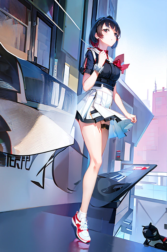 The girl puts a miniature high-rise model toy under her skirt，short  skirt，a sailor suit，whitestocking，athletic sneakers，Be red in the face