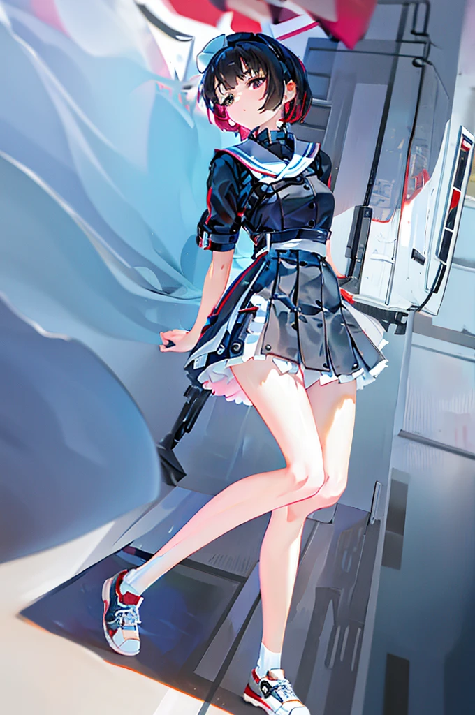 The girl puts a miniature high-rise model toy under her skirt，short  skirt，a sailor suit，whitestocking，athletic sneakers，Be red in the face