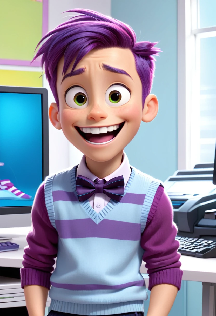 Fear (a boy character in the movie "Inside Out" with purple skin color, purple hair, powder blue long-sleeved shirt with white stripes, a Hounds tooth sweater vest, violet pants, black shoes, and a magenta bow tie) is excited, happy while looking at the computer screen, smile brightly, show the screen, scenetic, wide
