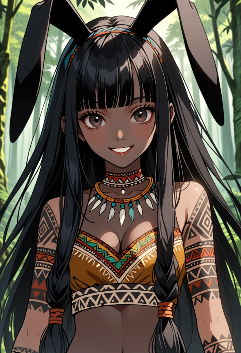 puntaje_9, female, huge black rabbit ears, floppy rabbit ears, black skin, black hair, very long hair, braided hair, tribal clothes, tribal tattoos, sackcloth clothes, wide smile, black eyes, fit, bare midriff, cleavage, medium breasts, close up, looking at viewer, black fluffy ears, forest, straight bangs