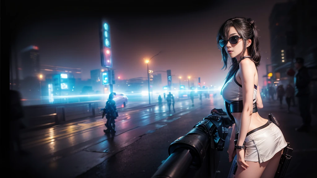 8k, Realistic Skin Texture, Realistic Photo, Neo Tokyo, slim women, large-breast:1.3 cleavage:1.2, AD2050 at night, Dirty hunting jacket, Wearing tube top, miniskirt, (((black sunglasses, automatic rifle, sneakers, cold, shooting pose, very low angle view))), Innovative composition, revenge, cyberpunk, blade runner worldview, Large neon sign, Geisha hologram sign, Strong Wakamoto Sign.