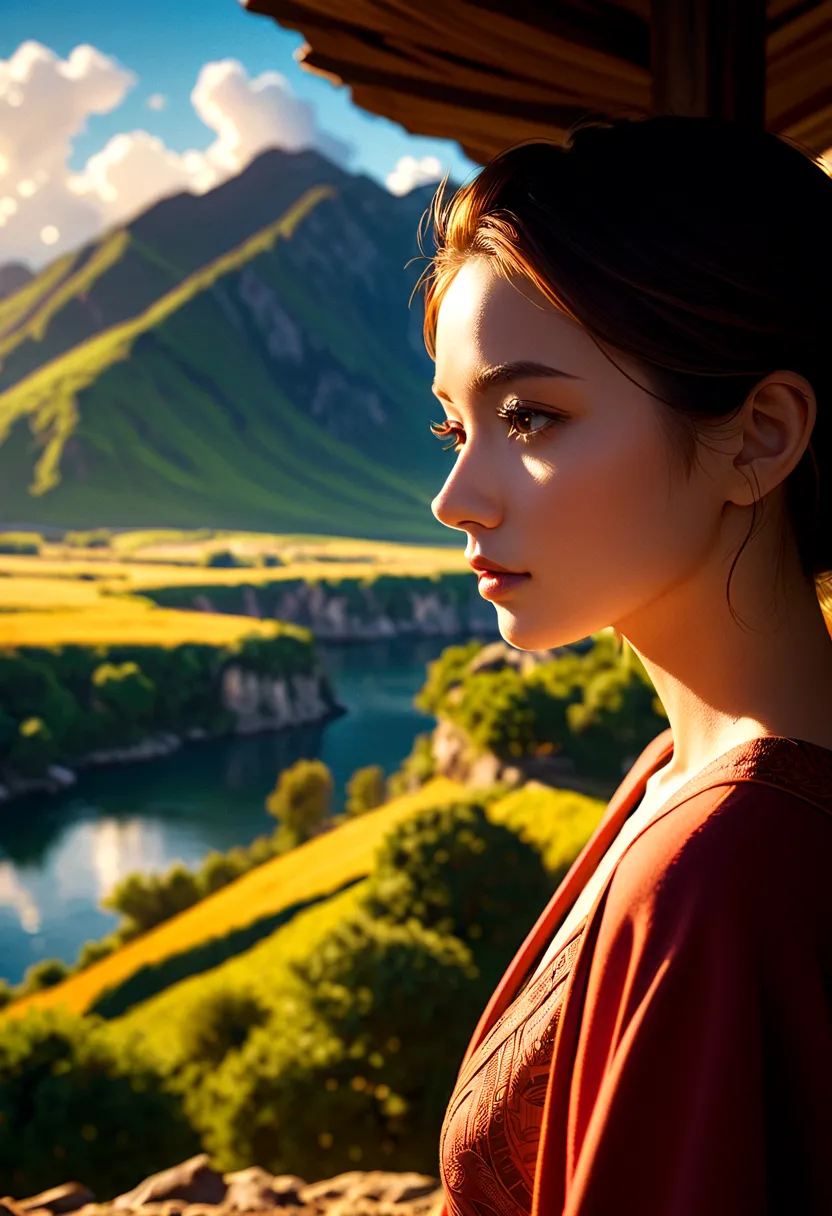 Create a portrait of a person in deep contemplation in a stunning landscape