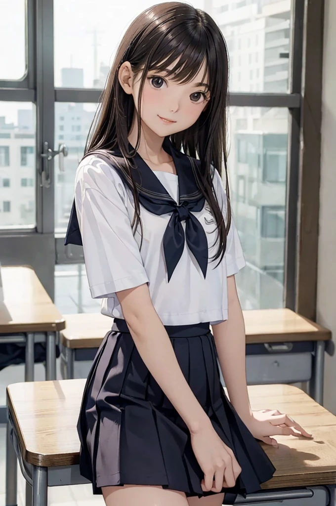 (Highest quality: 1.3), (masterpiece: 1.3),8K,Cinematic lighting,Official Art,One Young Woman, 14 years old, A face that looks young、double eyelid、Fine grain、Glossy lips、Long brown hair, Wear a sailor uniform,Short sleeve,Pleated skirt,(Ultra Mini Skirt:1.5), sitting at a desk in the classroom, (smile),(Slim body:1.2)、(Thin arms:1.2)、
