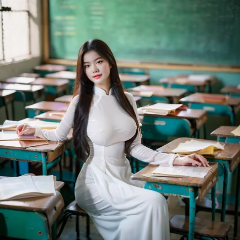 ((ao dai, big breasts, beautiful breasts, sitting on a chair in the classroom, 8k quality photo with good details))