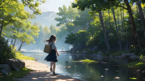 please paint a picture of a girl walking by the water.