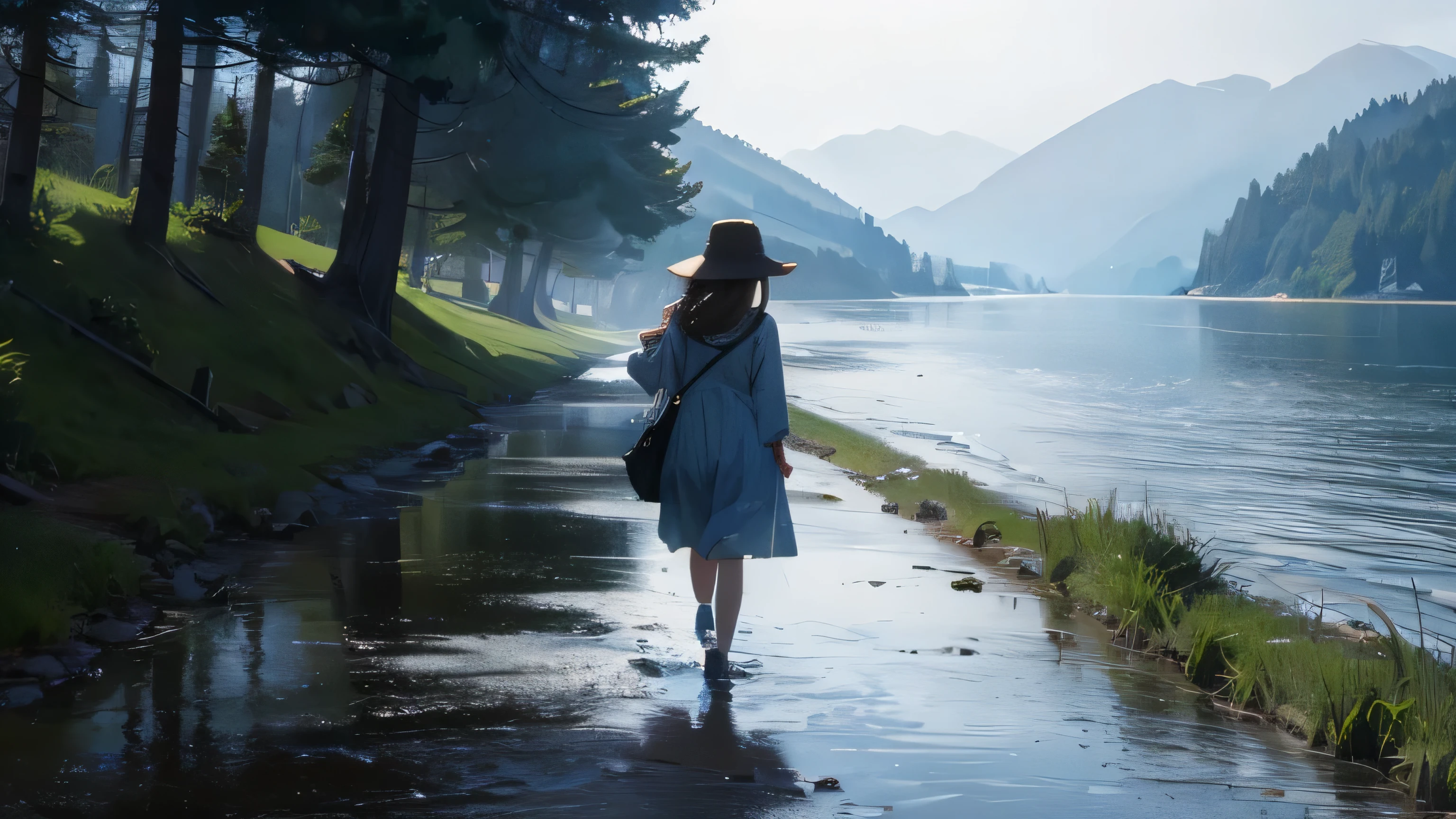 Please paint a picture of a girl walking by the water.
