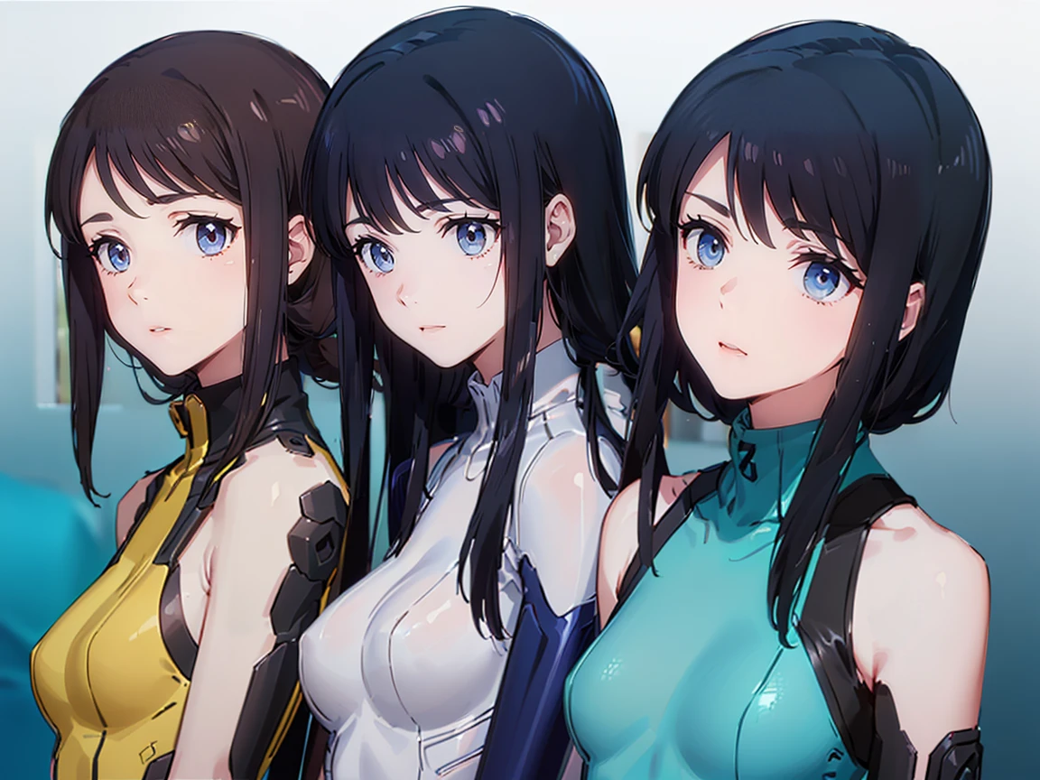 (((High resolution))), (((Very detailedな))), (((Three Girls:1.3))),((７Head to Body:1.3))、 (((Midday Blue Background)))、(((Cute face:1.3))), (((smile:1.5)))、(((Beautiful and detailed eyes:1.3))), (((Very detailed))), (((Details face:1.5))), break , ,sunny, ,((GANTZ Suit:1.2)),((Very delicate body))、((Very flat chest))、((Small waist))、((thigh gap:1.2))、Friendly atmosphere,((from side))、Normal limbs、