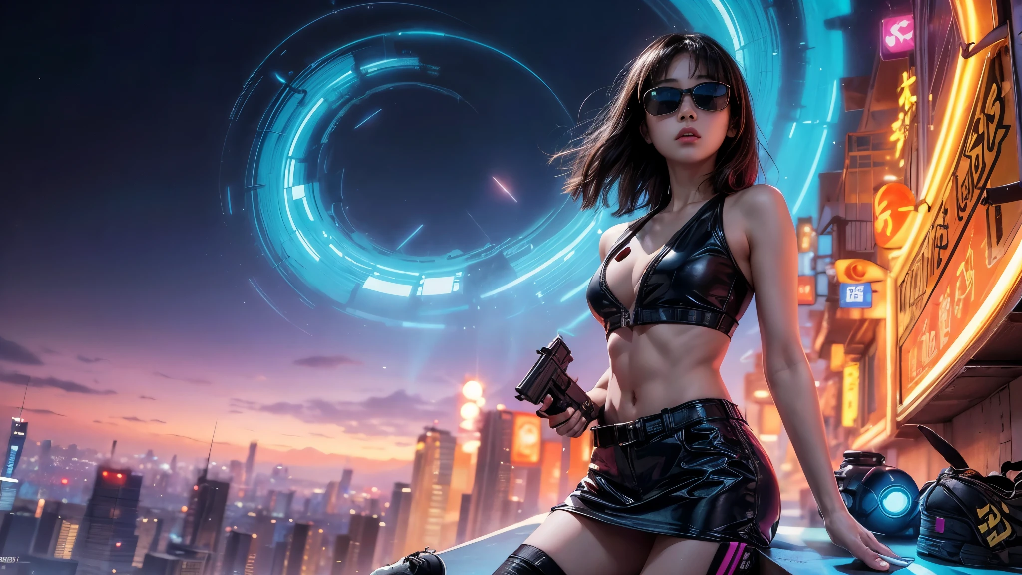 8k, Realistic Skin Texture, Realistic Photo, Neo Tokyo, slim women, large-breast:1.3 cleavage:1.2, AD2050 at night, Dirty hunting jacket, Wearing tube top, miniskirt, (((black sunglasses, automatic rifle, sneakers, cold, shooting pose, very low angle view))), Innovative composition, revenge, cyberpunk, blade runner worldview, Large neon sign, Geisha hologram sign, Strong Wakamoto Sign.