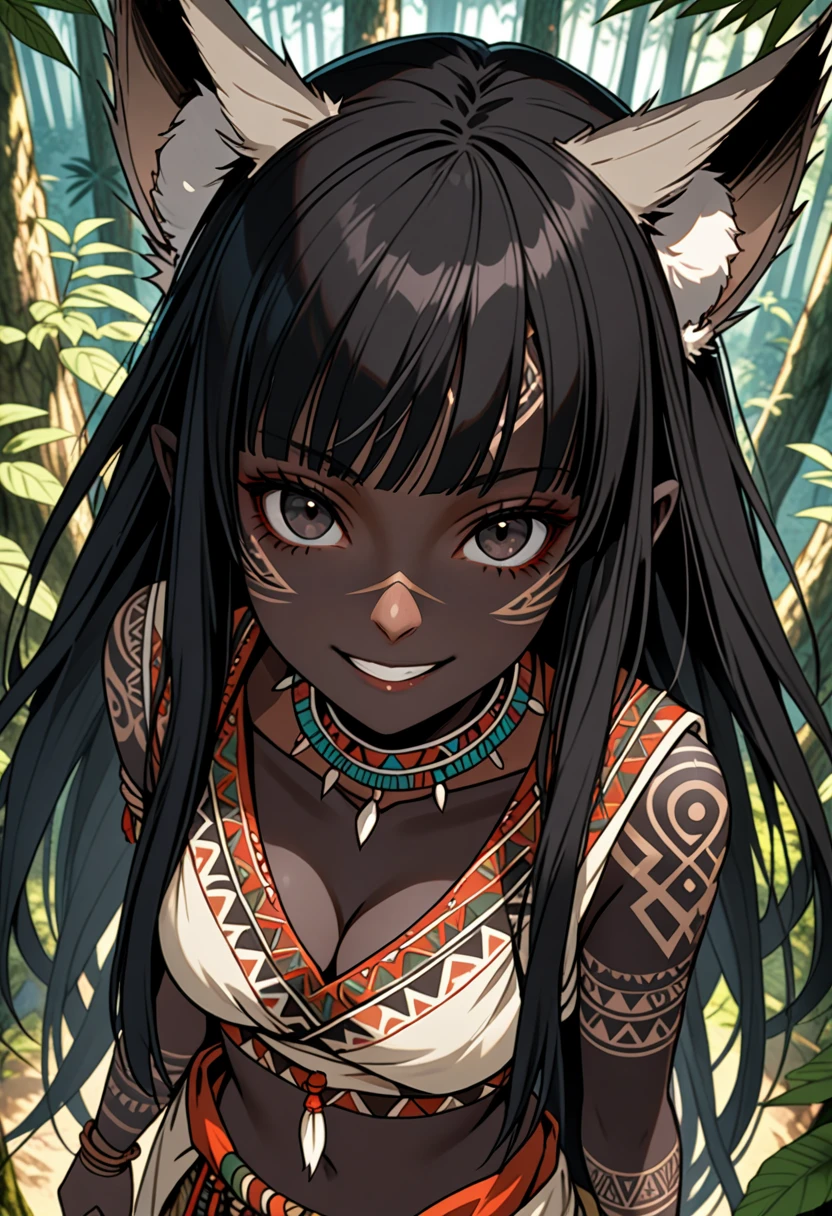 female, black skin, black hair, very long hair, braided hair, tribal clothes, tribal tattoos, sackcloth clothes, wide smile, black eyes, fit, bare midriff, cleavage, medium breasts, close up, looking at viewer, black fluffy ears, forest, straight bangs, from above, perspective, scar on face, scar on nose