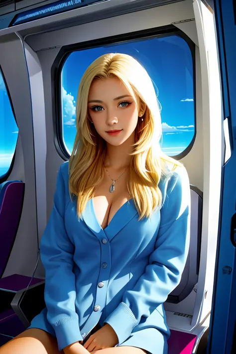 A blond young sexy woman with hair and hot clothes sits on a seat in a spaceship and the window can show beautiful staras