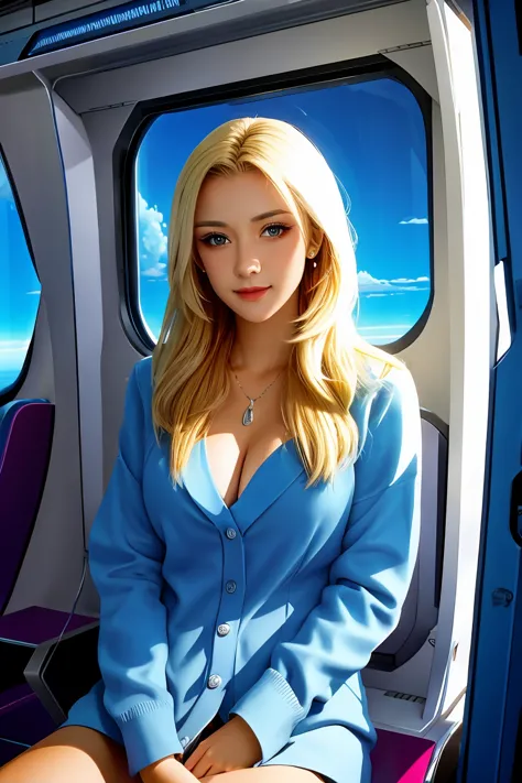 a blond young sexy woman with hair and hot clothes sits on a seat in a spaceship and the window can show beautiful staras