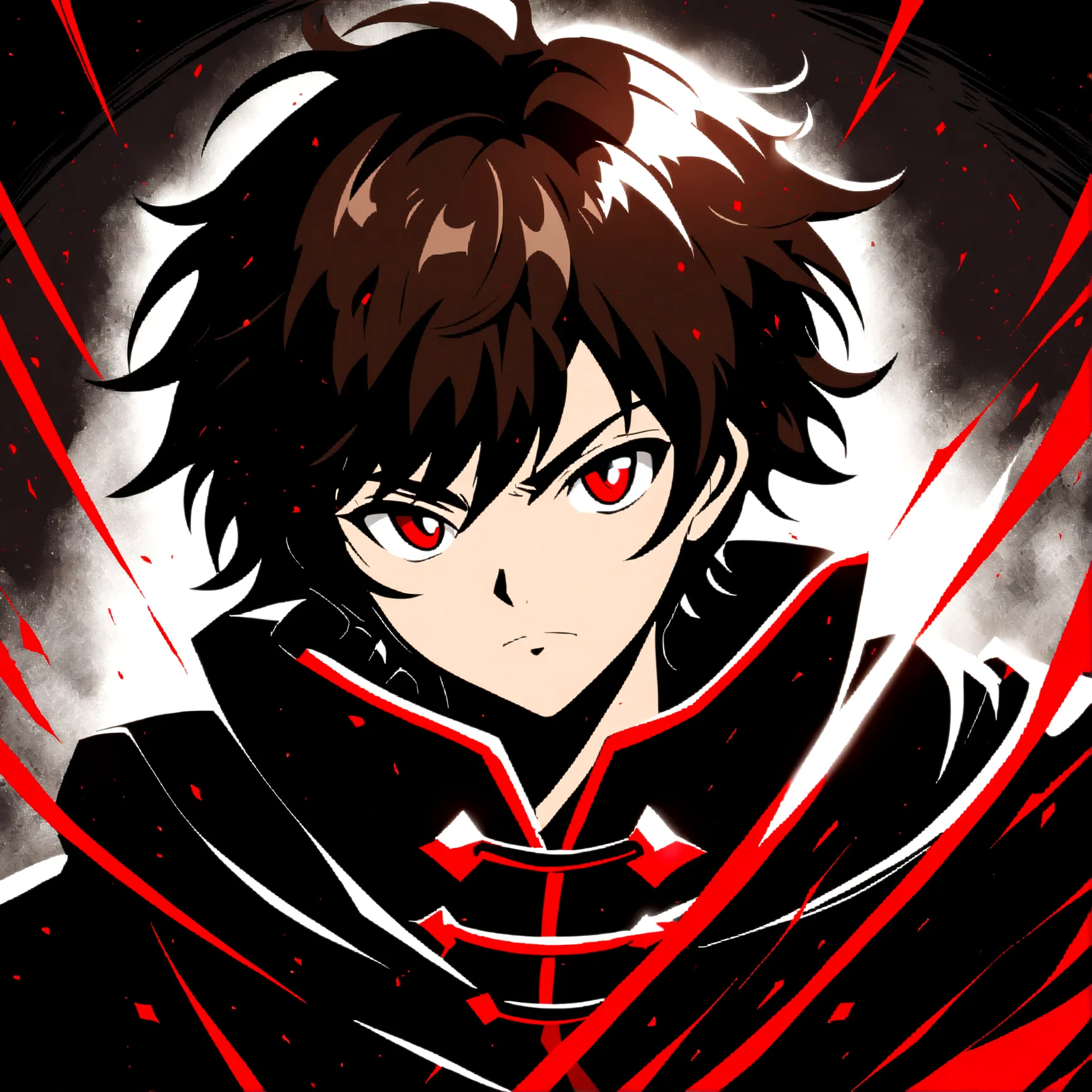 anime style diffusion, upper body, (face to the side 0.3), boy with messy brown hair bright red eyes, (open eyes 0.5), (serious ...