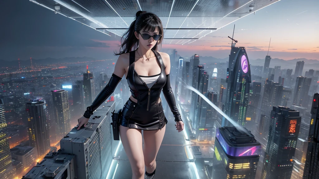 8k, Realistic Skin Texture, Realistic Photo, Neo Tokyo, slim women, large-breast:1.3 cleavage:1.2, AD2050 at night, Dirty hunting jacket, Wearing tube top, miniskirt, (((black sunglasses, automatic rifle, sneakers, cold, shooting pose, very low angle view))), Innovative composition, revenge, cyberpunk, blade runner worldview, Large neon sign, Geisha hologram sign, Strong Wakamoto Sign.