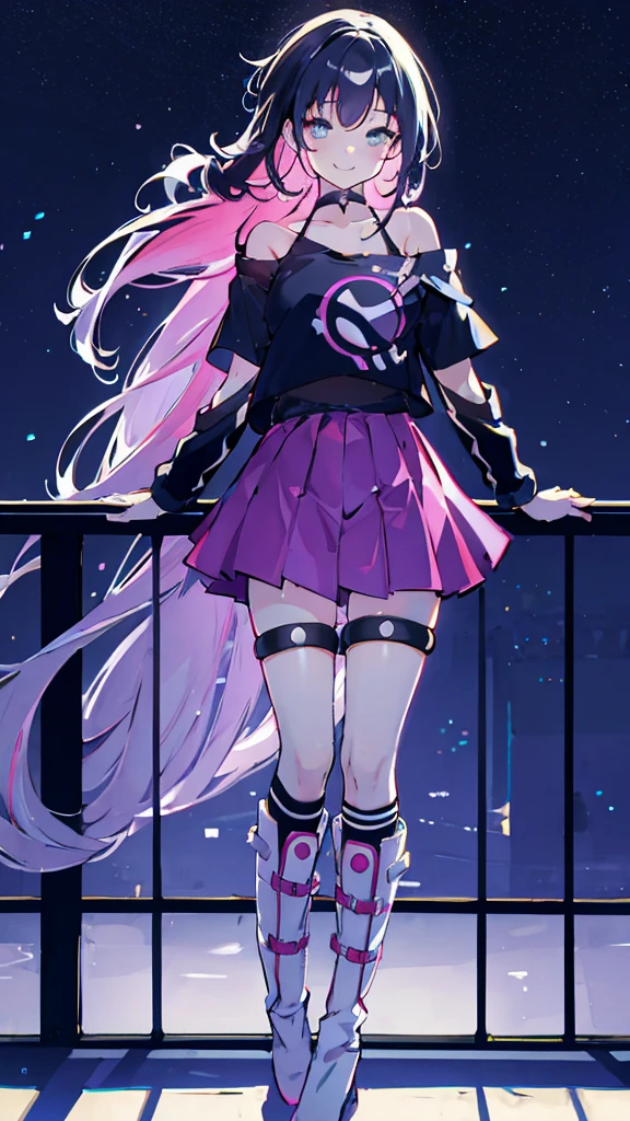 ((masterpiece,Highest quality)), High resolution, One girl, that, Off-the-shoulder shirt, Single knee socks, boots, Lean back, smile, Mouth closed, Neon Light, Night Sky, handrail,, ((masterpiece,Highest quality)), High resolution, One girl,