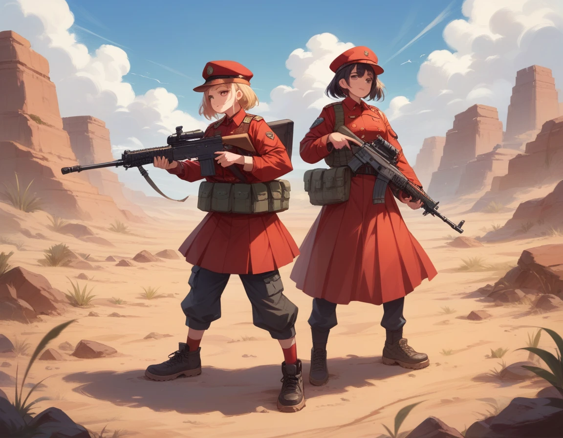 A platoon of girls in bright red military uniforms and long red skirts、A pair of a girl platoon leader and a soldier wearing a red military uniform and a red long skirt and equipped with two assault rifles、desert、Two large explosions on the ground behind