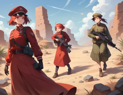 a platoon of girls in bright red military uniforms and long red skirts、a pair of a girl platoon leader and a soldier wearing a r...