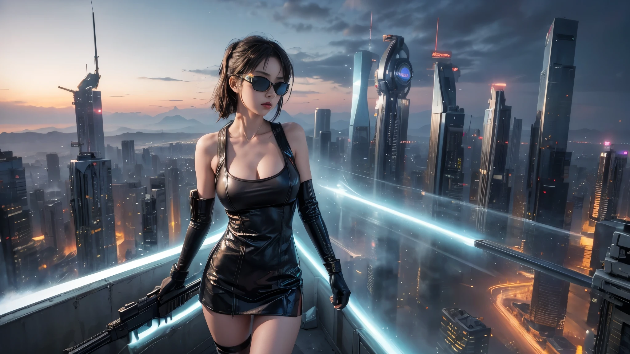 8k, Realistic Skin Texture, Realistic Photo, Neo Tokyo, slim women, large-breast:1.3 cleavage:1.2, AD2050 at night, Dirty hunting jacket, Wearing tube top, miniskirt, (((black sunglasses, automatic rifle, sneakers, cold, shooting pose, very low angle view))), Innovative composition, revenge, cyberpunk, blade runner worldview, Large neon sign, Geisha hologram sign, Strong Wakamoto Sign.