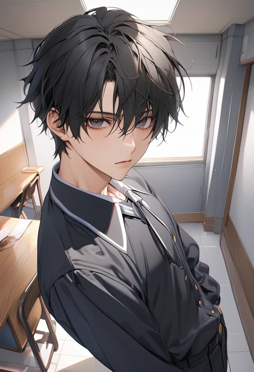 A highschool boy, handsome, perfect body, black hair, short hair, mullet, black eyes, upturned eyes, expressionless, black highschool uniform, anime, first-person view, masterpiece, anatomically correct, high details, highres, best quality, super detail, 1080P