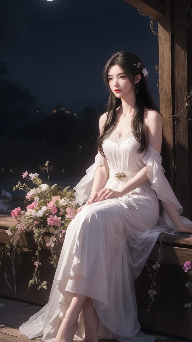 1girl, girl with long black hair, smiling, cheerful, the girl wearing white long dress , girl is sitting among a wide expanse of flowers, surrounded by beautiful flowers, Calm and peaceful atmosphere, night, moonlight , Beautiful glowing butterflies surround the girl lighting up the darkness of the night, magic,Romantic, the night breeze blows the Sepoi Sepoi girl's hair, 