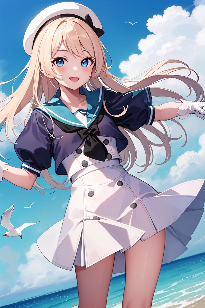 (Highest quality, 4K, masterpiece :1.3), (smile:1.3)、 1 Girl,pretty girl、cute、View your viewers、Sailor Hat、uniform、gloves、Ocean、Seagull