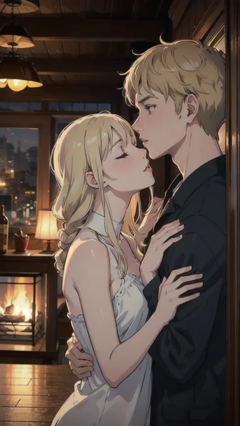 ((best quality)), ((masterpiece)), (detailed), one girl with long blond hair kiss one muscle blond guy, view from side on scene,...