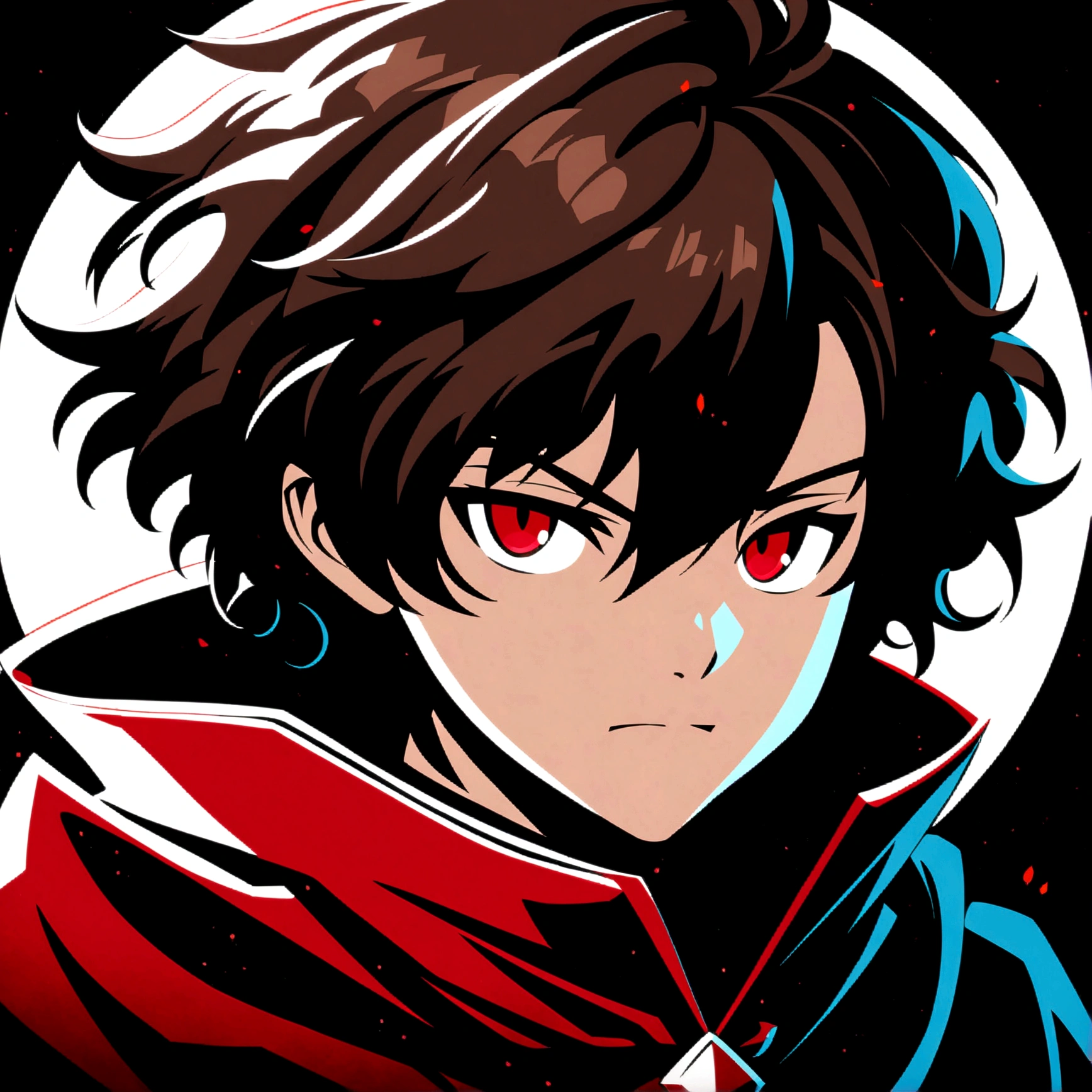 anime style diffusion, upper body, (face to the side 0.3), boy with messy brown hair bright red eyes, (open eyes 0.5), (serious face 0.1), black majestc cloak with red details, upper light, high contrast , 2D style, photoshop, cinematic
