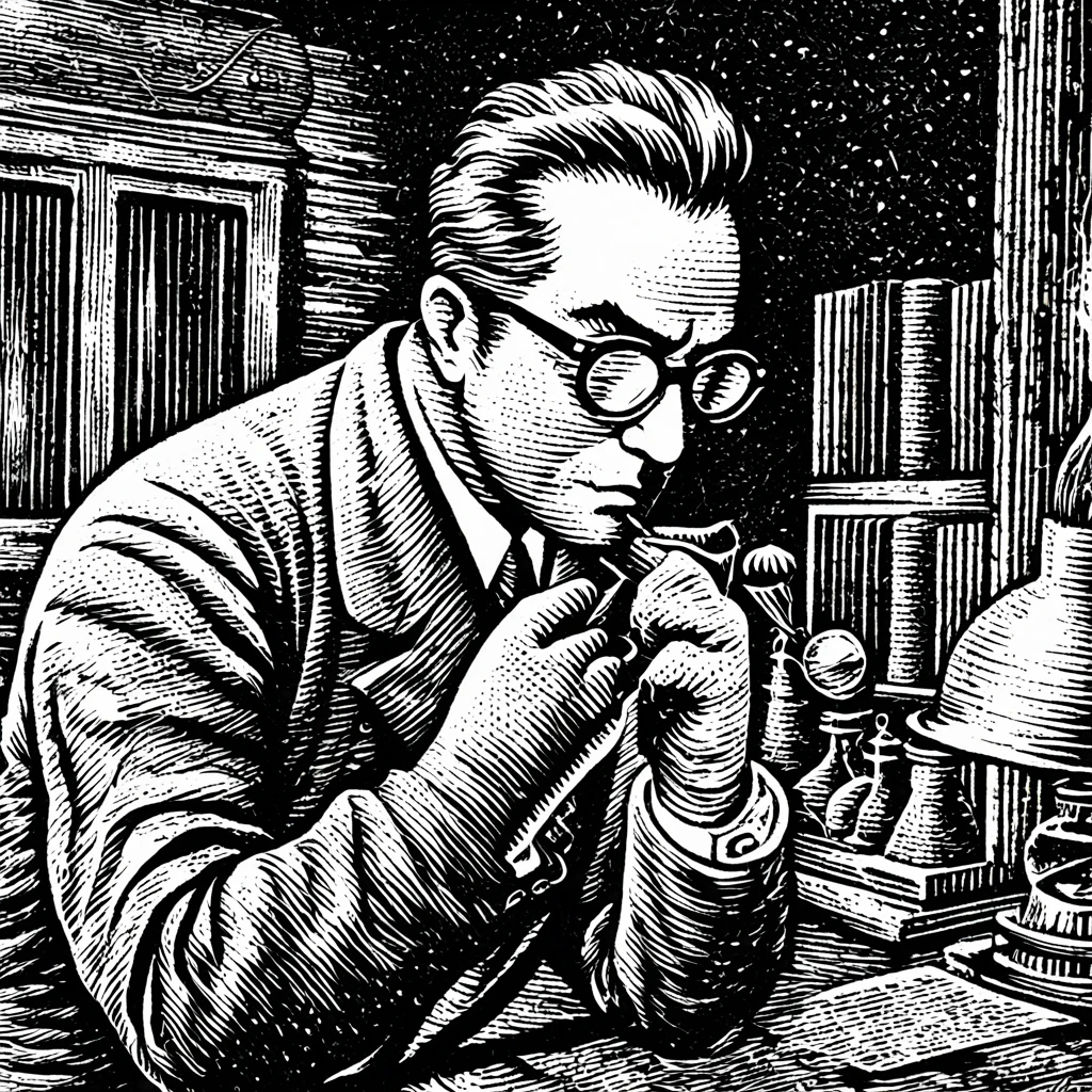 (Black and white woodcut:1.5)、(Second floor in black and white.)、foreground, dark and sinister atmosphere、profile face of a scientist with dark glasses, pompadur pompadour hair, wide lapels covering half the face, wearing gloves and holding your fist close to your face, seriousness, Dark shadows, in a science laboratory,  laboratory with many computers and consoles, Mysterious、